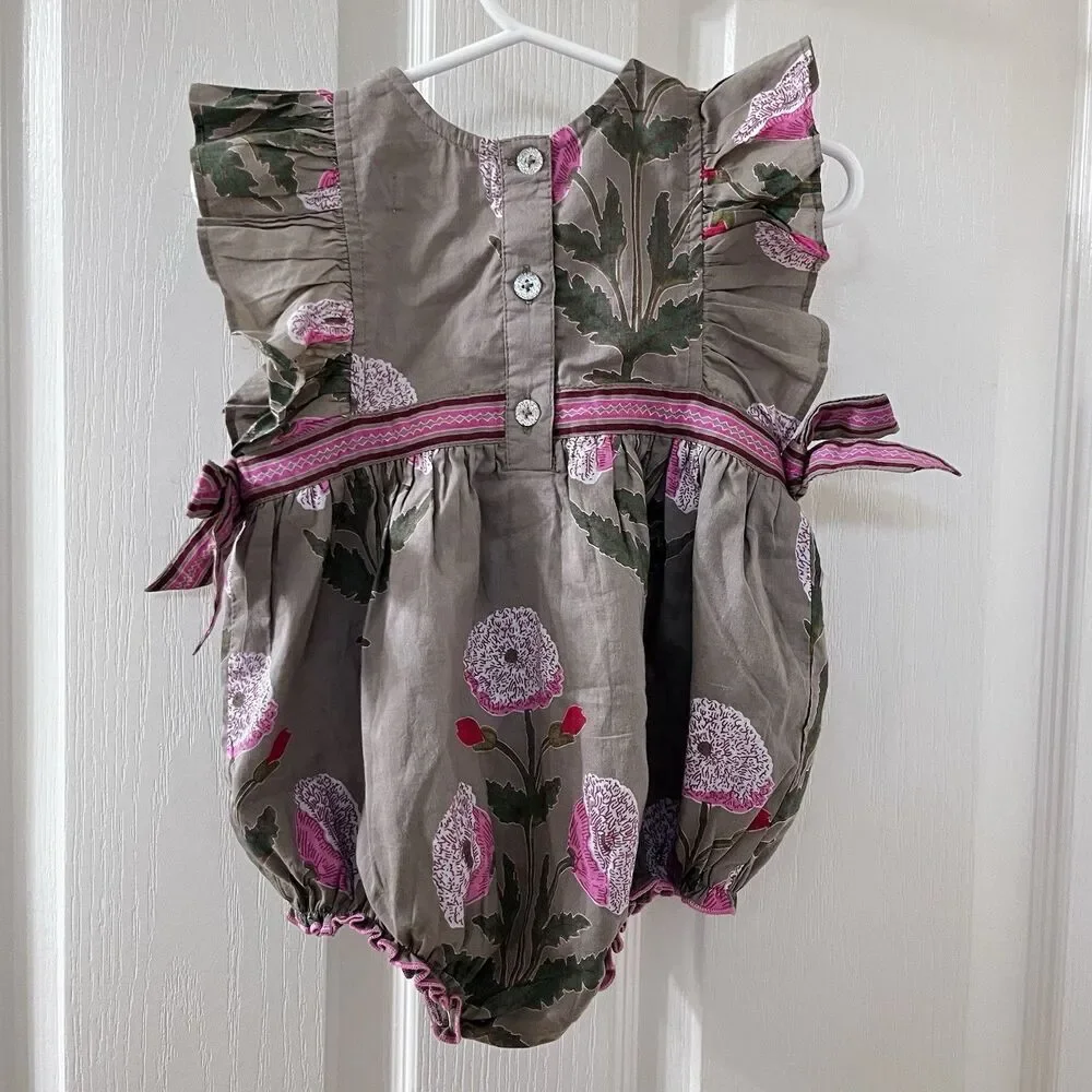 Pink Chicken Olive Green Floral Romper Side Bows Cotton Girls Size 6-12 Months